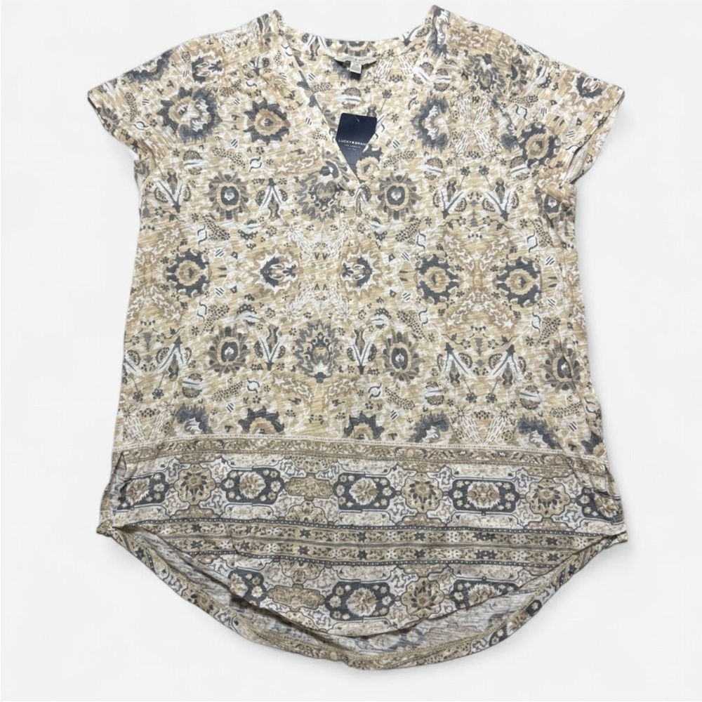 Lucky Brand Tan and Gray Floral Blouse